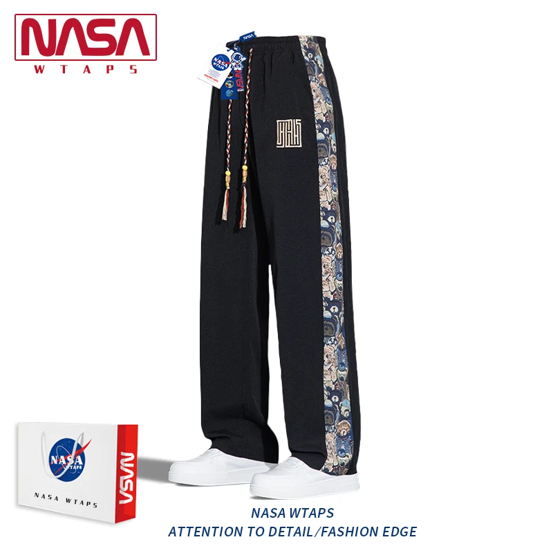 NASA WTAPS中国风裤子男春秋季新小熊刺绣拼接直筒卫裤夏季休闲裤