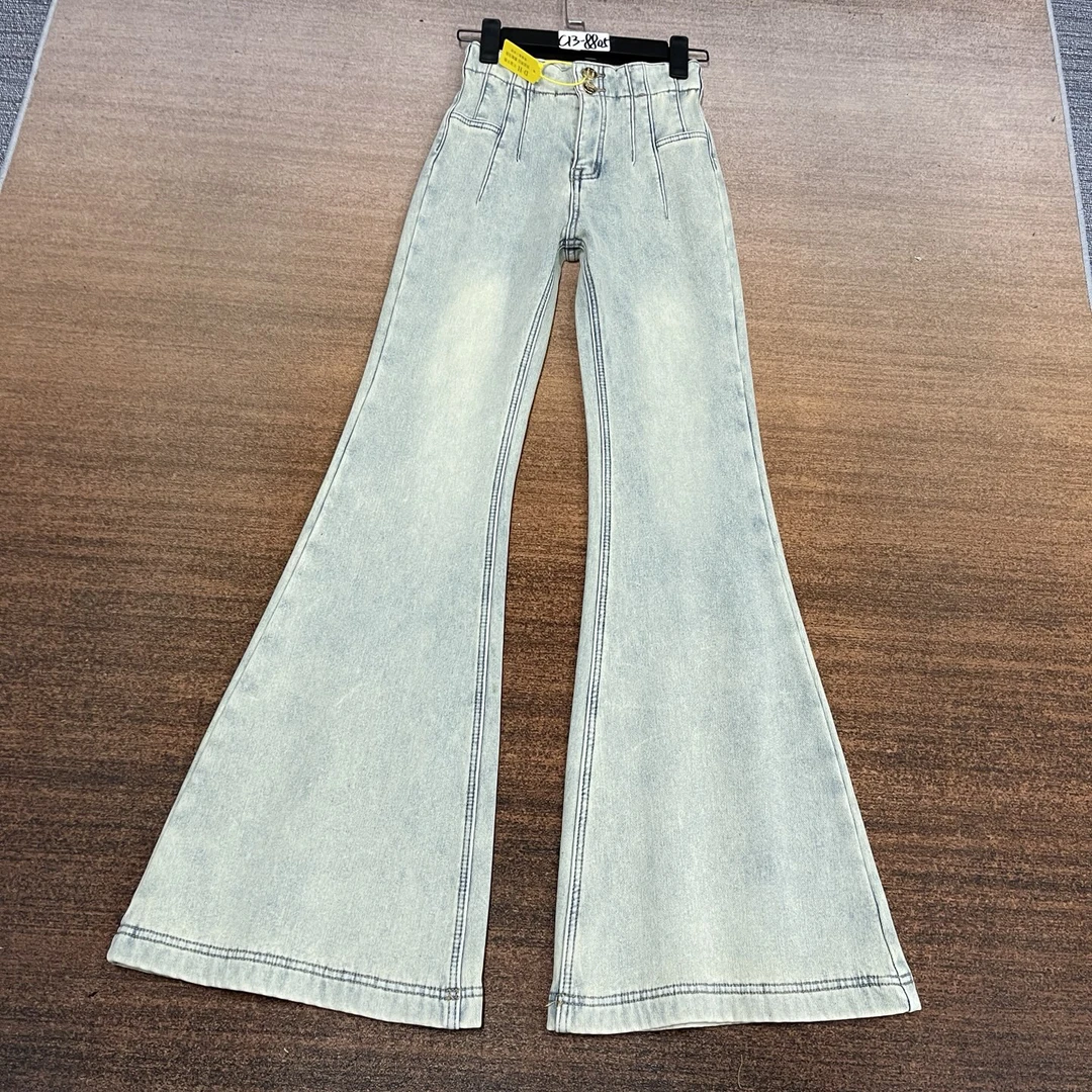 #C13-8805 加绒-厚绒 浅蓝辣妹2扣高腰大喇叭裤 高弹（不换退）