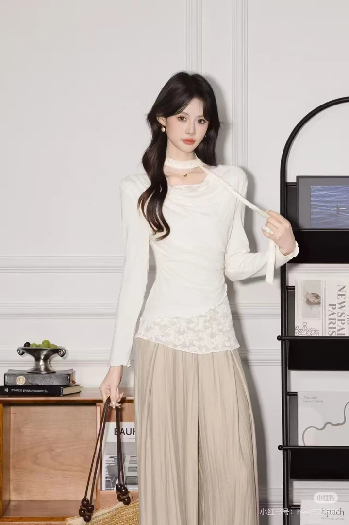 【小稳专属】小众蕾丝拼接假两件荡领长袖T恤+阔腿休闲裤套装