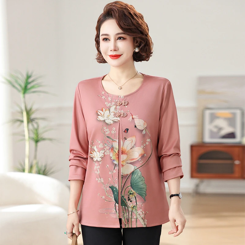 王小鸭假两件T恤衫2025秋季新款优雅贵夫人简约百搭荷花长袖小衫