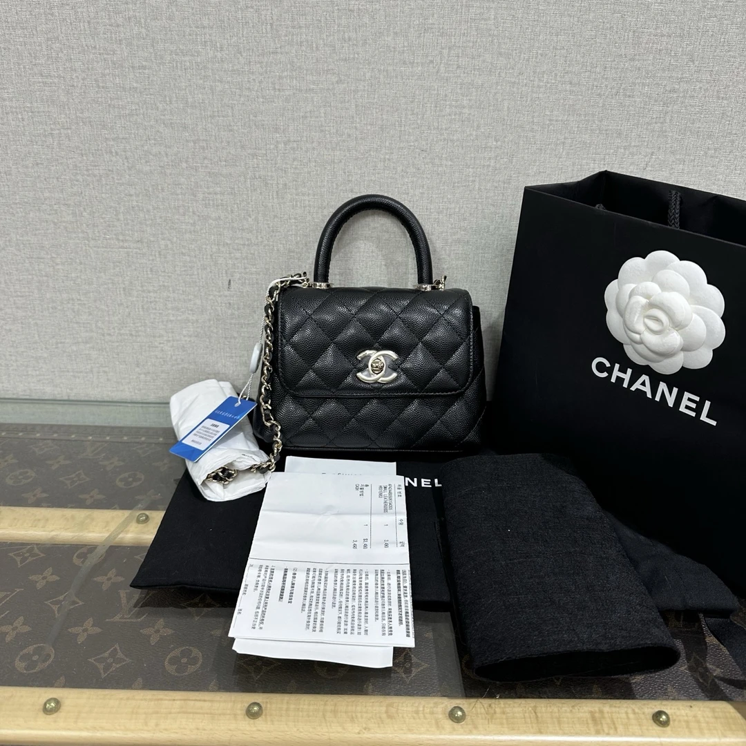 99新 Chanel/香奈儿 黑金黑手柄coco handle nano手提斜挎 07414