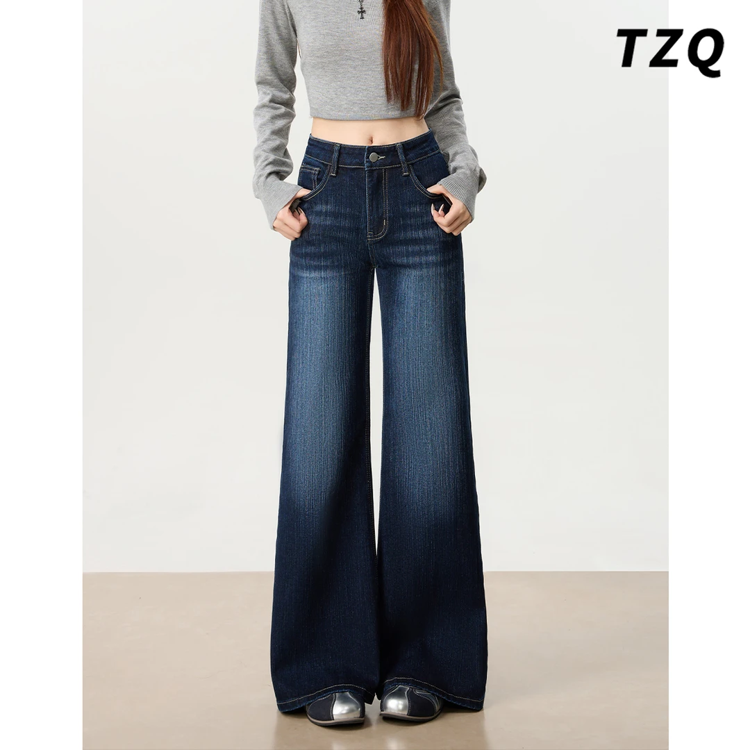复古微喇牛仔裤女秋季加绒深蓝色修身显瘦百搭拖地裤 TZQ25112015