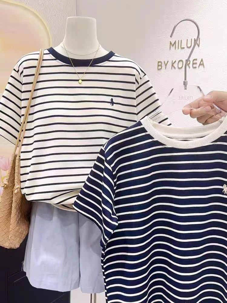 欧货洋气撞色领子小马刺绣短袖T恤女2025夏季新款宽松显瘦上衣