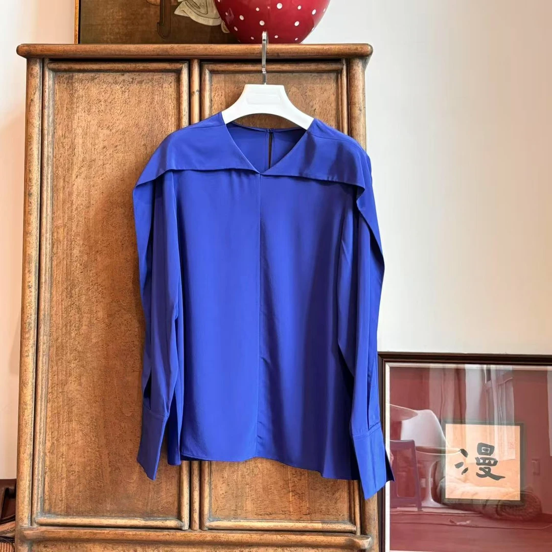 MYL 2025年夏季新款32姆米建宏绉真丝宝蓝色衬衫学院风百搭衬衫