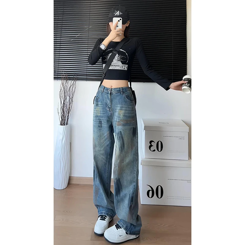 高街潮牌嘻哈泼墨水洗设计感显瘦牛仔裤直筒宽松潮流秋冬季裤子