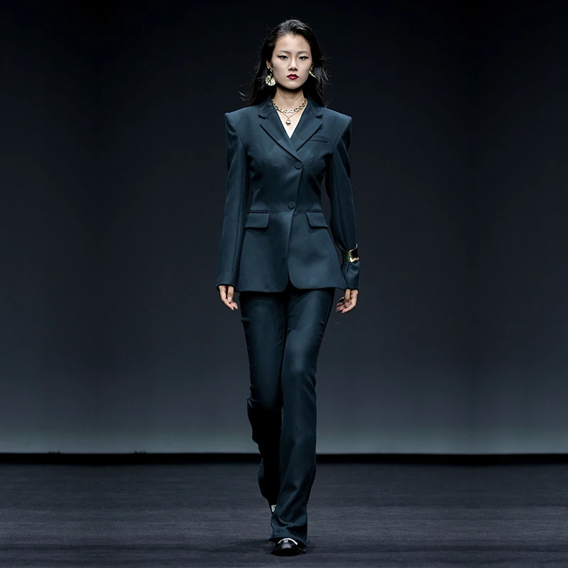 MAGGIE MA马婧设计师款商务修身松石绿微喇西裤西服套装855C/932P