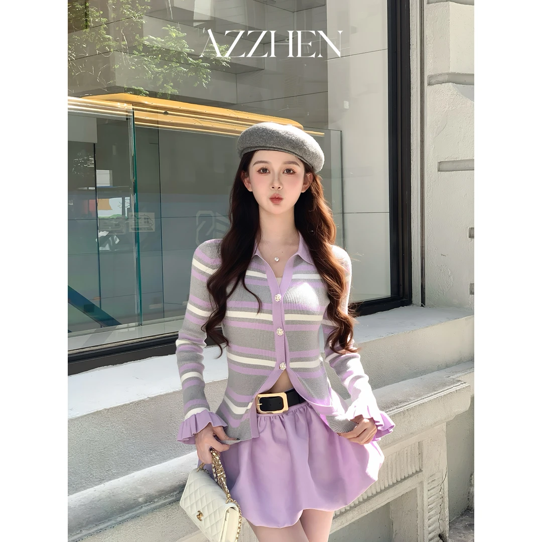 AZZHEN【千层甜心】早秋条纹开衫时尚毛衣AZ5BBS11-00上衣针织衫