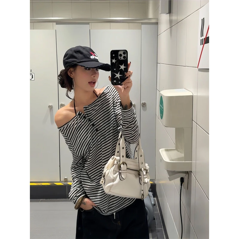 【ZHAP】新款条纹露肩长袖t恤女夏季宽松百搭休闲简约薄款防晒罩衫