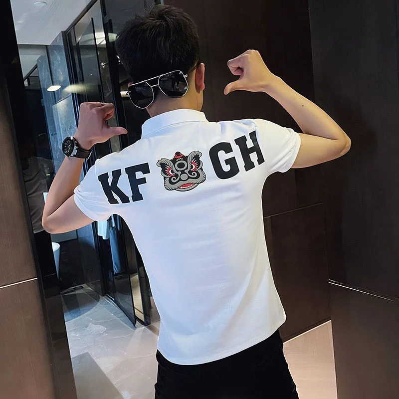 polo衫社会国潮冰丝短袖男有领t恤精神小伙印花小衫快手网红同款