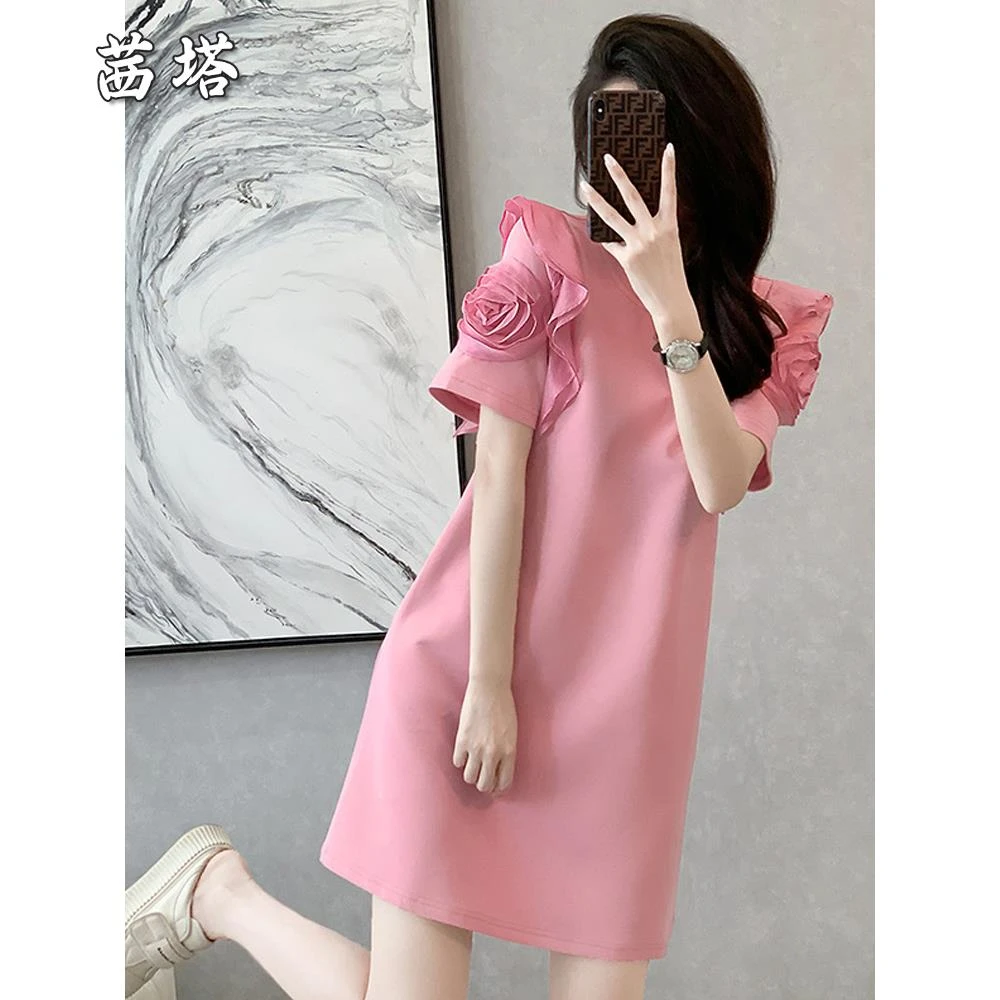 设计感时尚休闲短袖连衣裙女夏季2025新款减龄显瘦百搭小个子裙子