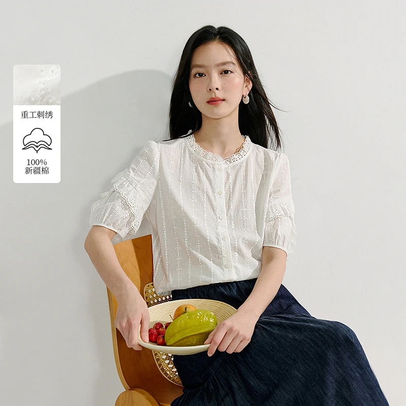 【陈陈专属】茵曼夏季荷叶领镂空刺绣纯棉衬衫度假风泡泡袖衬衣