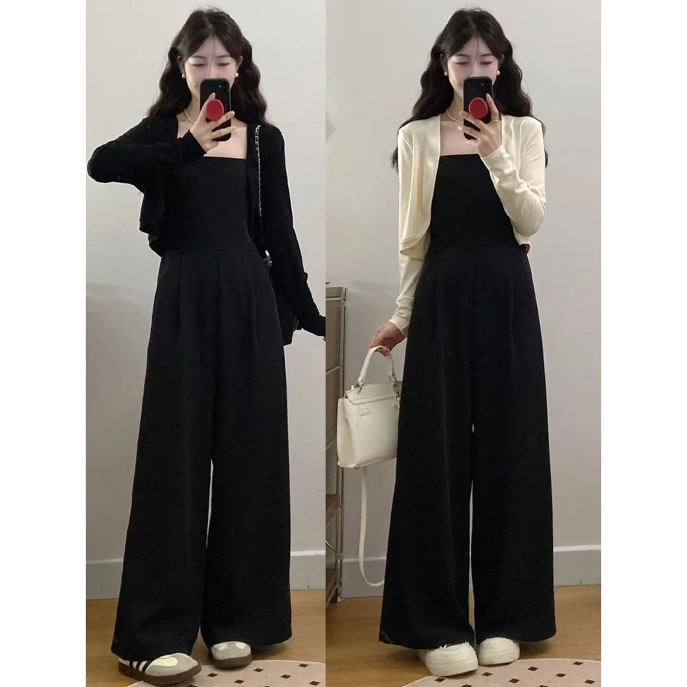 大码女装赫本风高级感套装春季收腰显瘦连体裤胖MM外搭披肩两件套