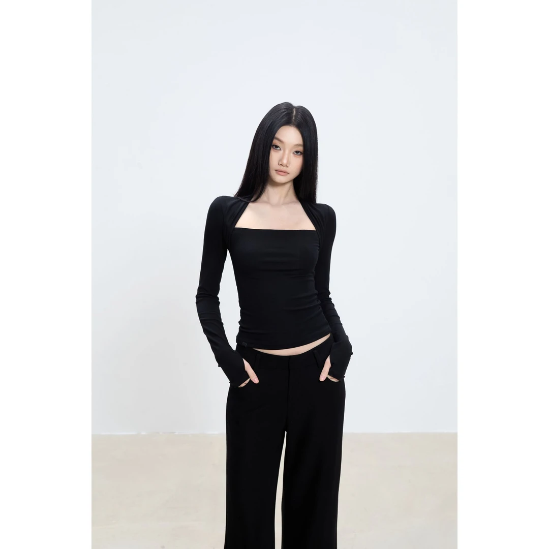 withmin凉皮 北海花园 辣妹显瘦百搭长袖正肩方领T恤上衣2523965