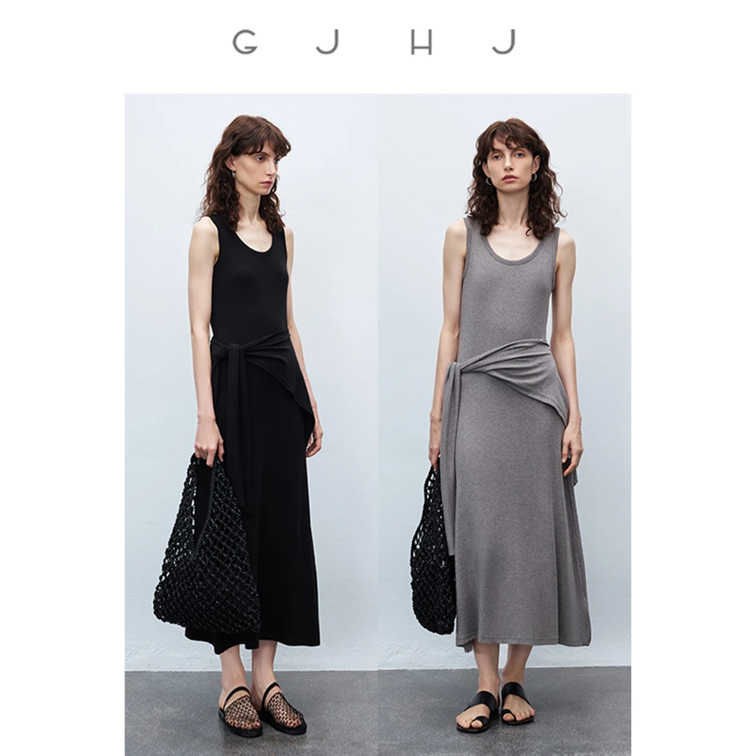 gjhj夏季新款简约吊带连衣裙披肩套装 修身显瘦拖地长裙