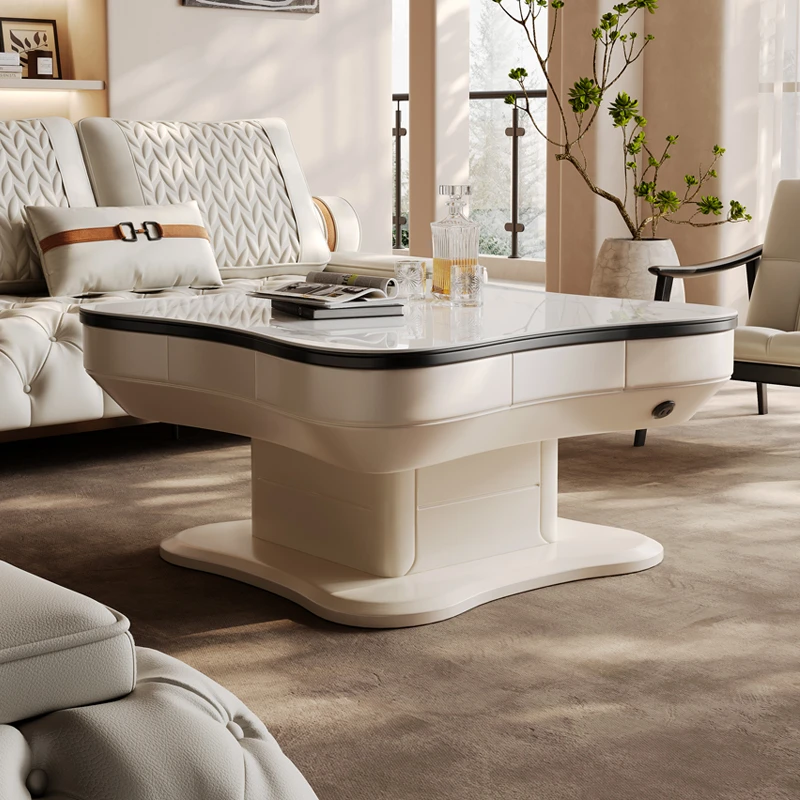 岩板奶油风升降茶几麻将机一体客厅家用全自动麻将桌餐桌两用