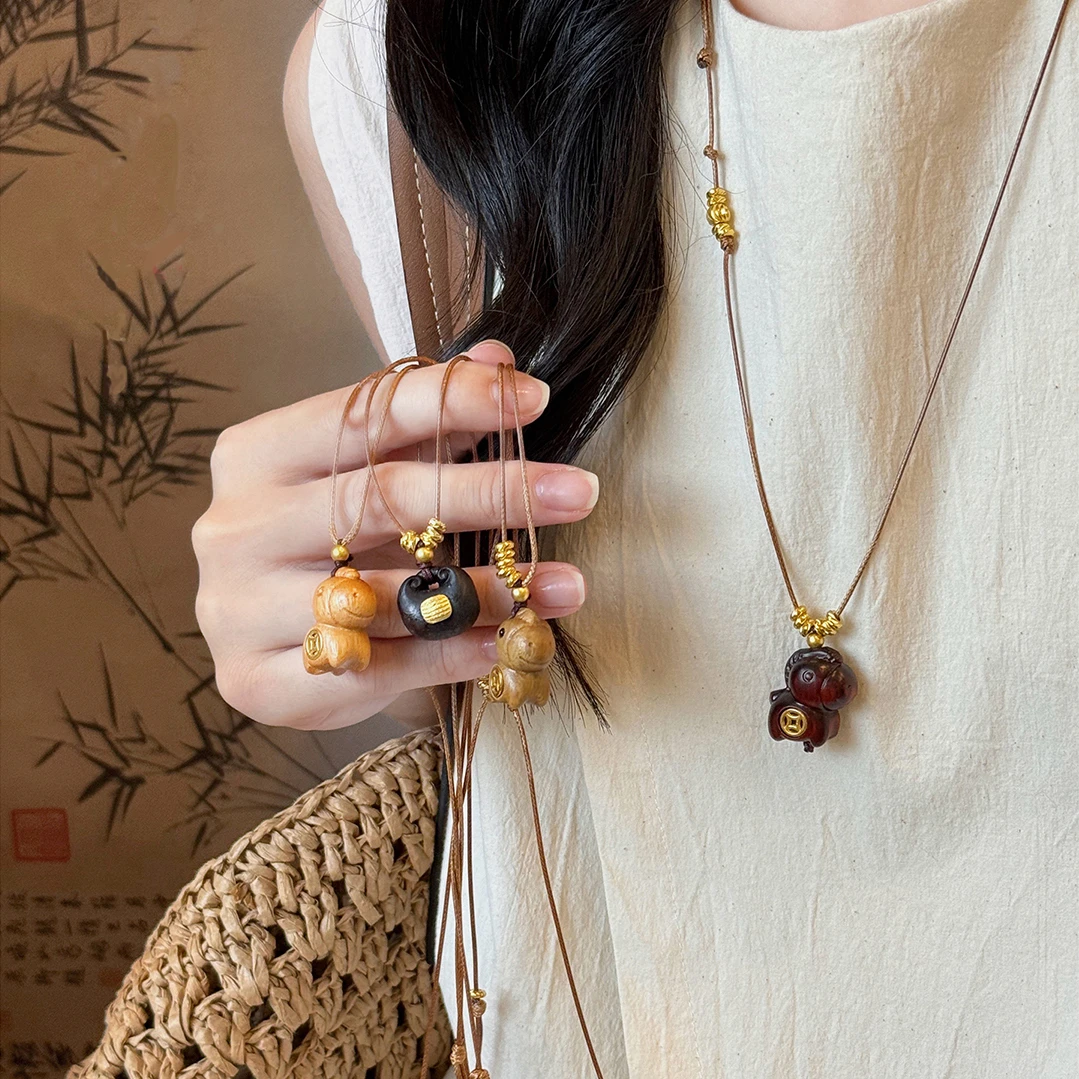 铜棉绳项链 新中式马上有钱木质小马项链复古简约古风禅意毛衣链