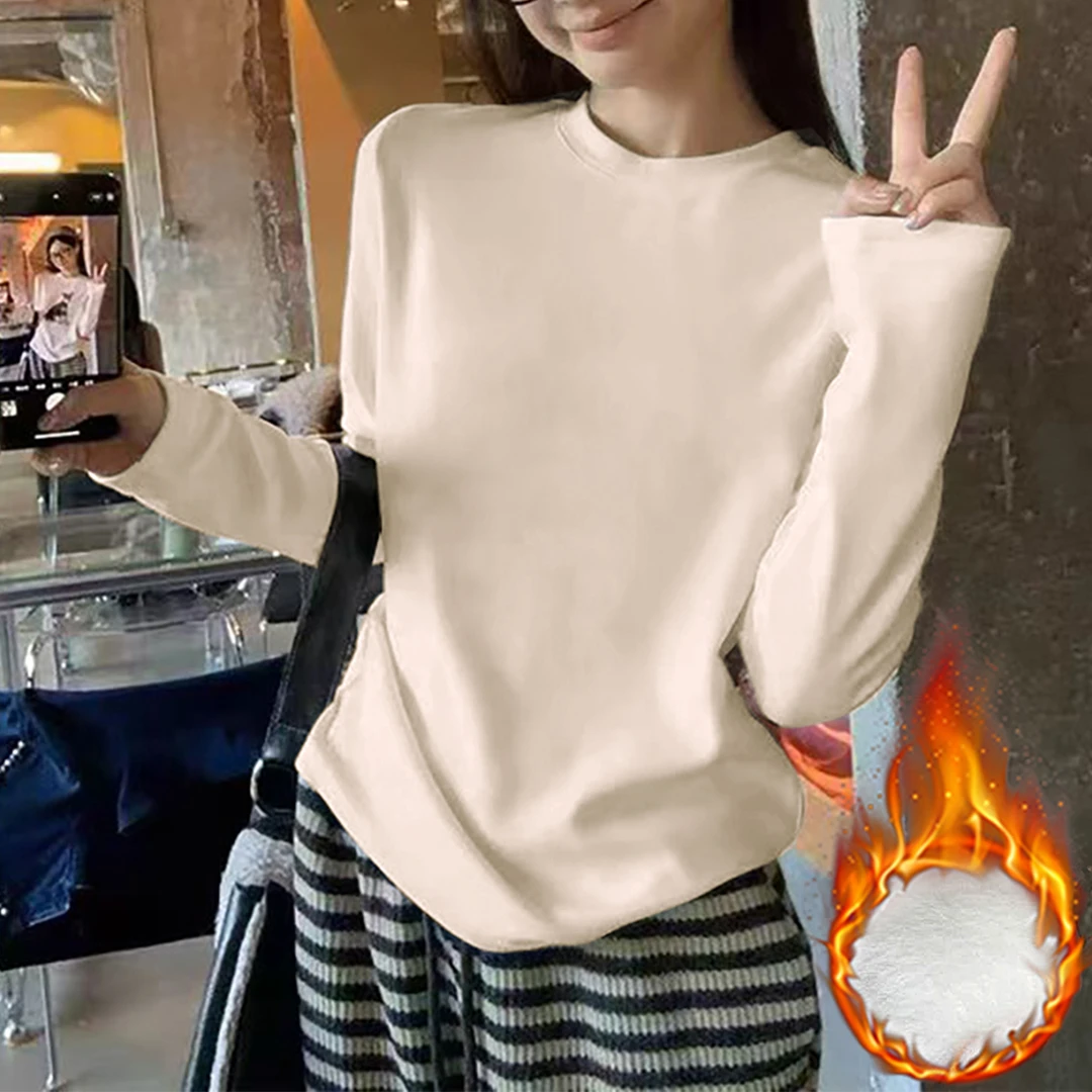 婳娇韩版德绒长袖T恤女冬季圆领宽松加厚打底上衣奶油色简约体恤
