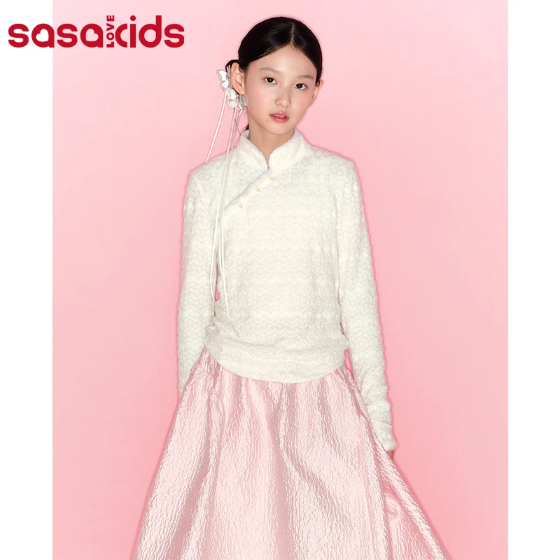 sasakids  新中式网纱打底衬衫仿水貂毛拼接弹力蕾丝立领上衣女童