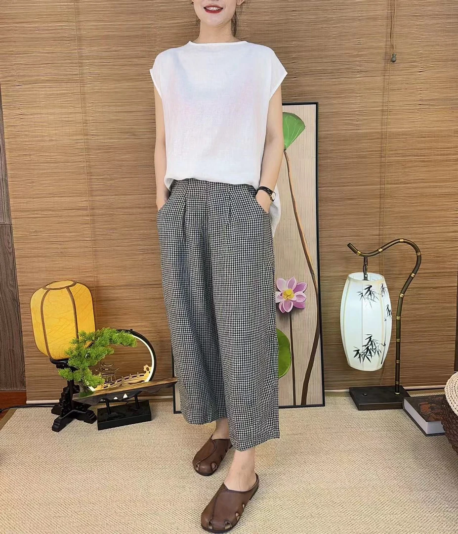 【花植】303朵色织亚麻色织麻黑格子九分休闲裤减龄显瘦百搭宽松