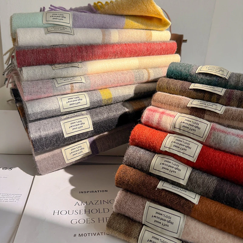 冬季百搭英伦风拼色格纹羊毛围巾WOOL100%羊毛长款披肩两用围脖