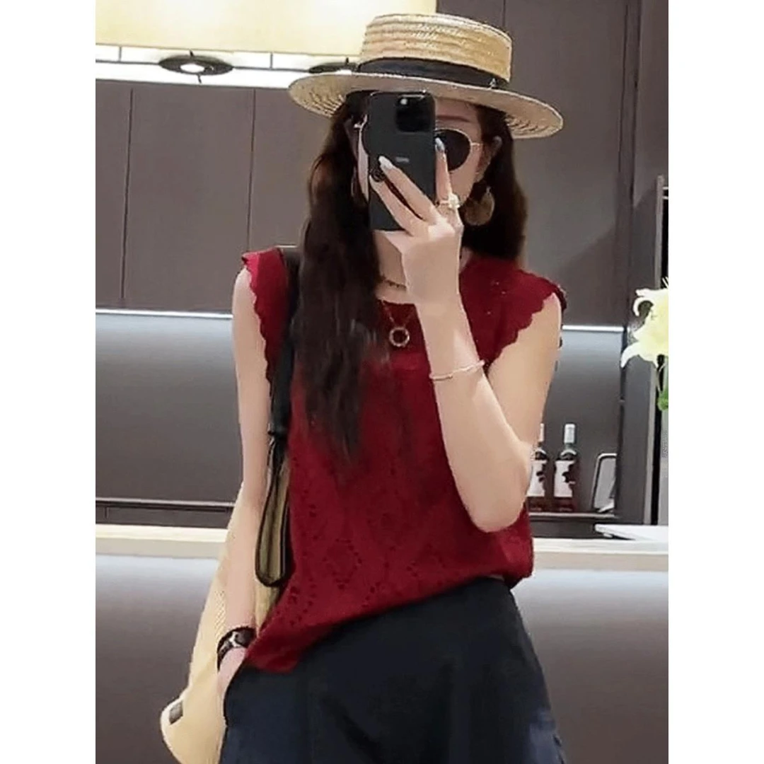 蕾丝花边镂空薄款无袖衬衫女夏款2025春夏新款小众别致气质短上衣