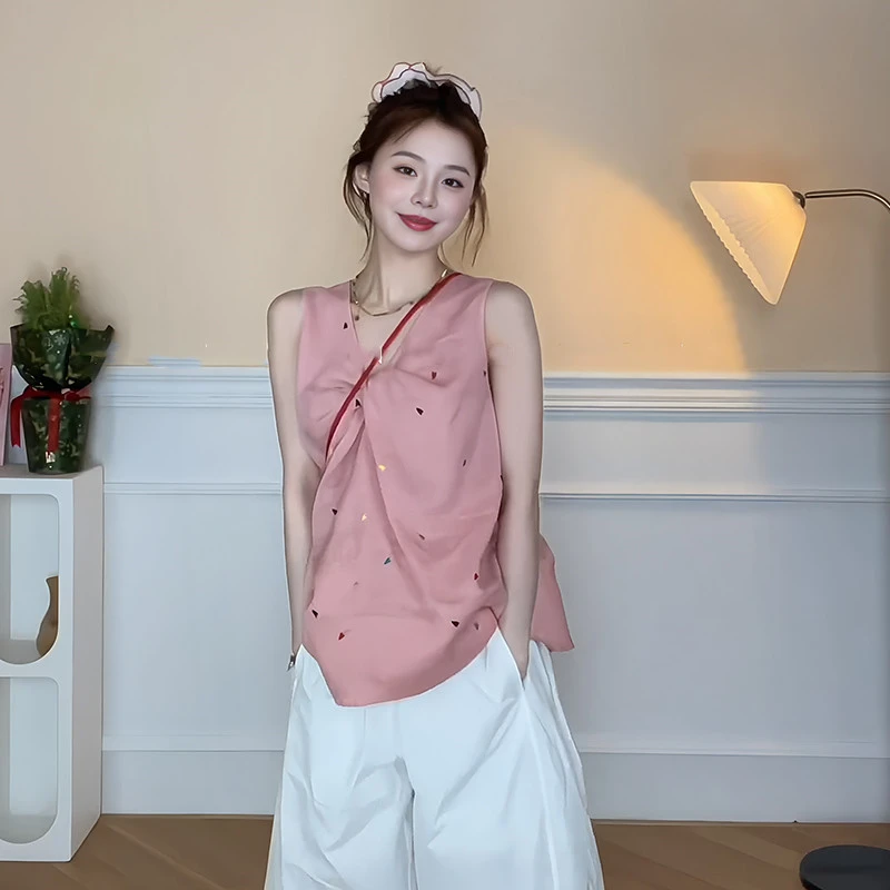 多巴胺设计感不规则爱心扭结背心女独特漂亮初夏无袖衬衫别致上衣