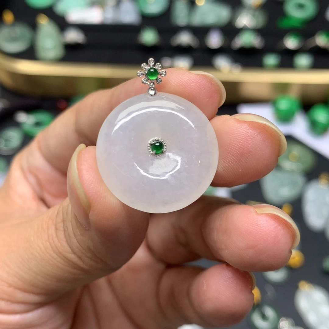 吊坠(不含链)18K金镶嵌翡翠有纹裂