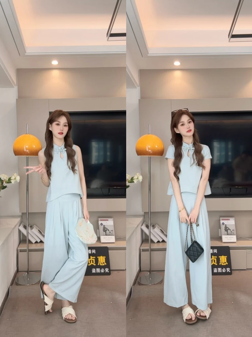 新中式国风套装女2025夏季新款背心短袖上衣高腰阔腿裤休闲两件套