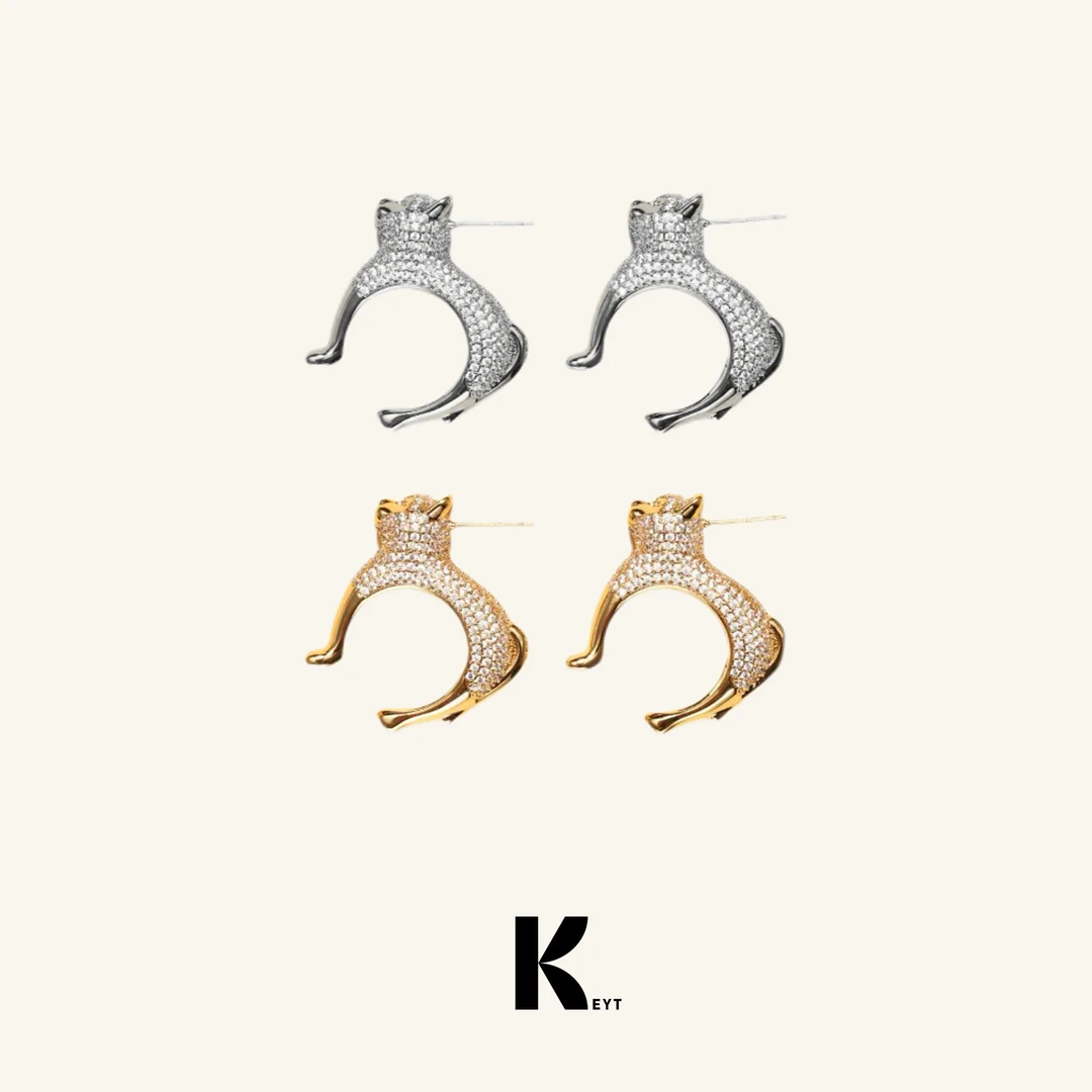 KEYT 铜合金合成锆石耳饰 金银双色镶锆个性猫咪耳饰
