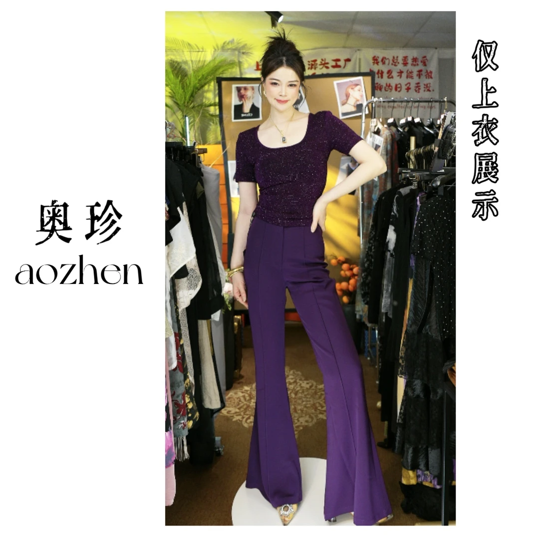 【午夜巴黎】满天星重工烫钻紫色气质上衣U型领后背网纱拼接短袖