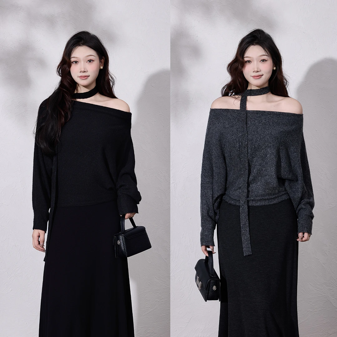 【千颂伊】蛋妹大码女装微胖mm显瘦遮肉一字肩针织衫上衣DM33373