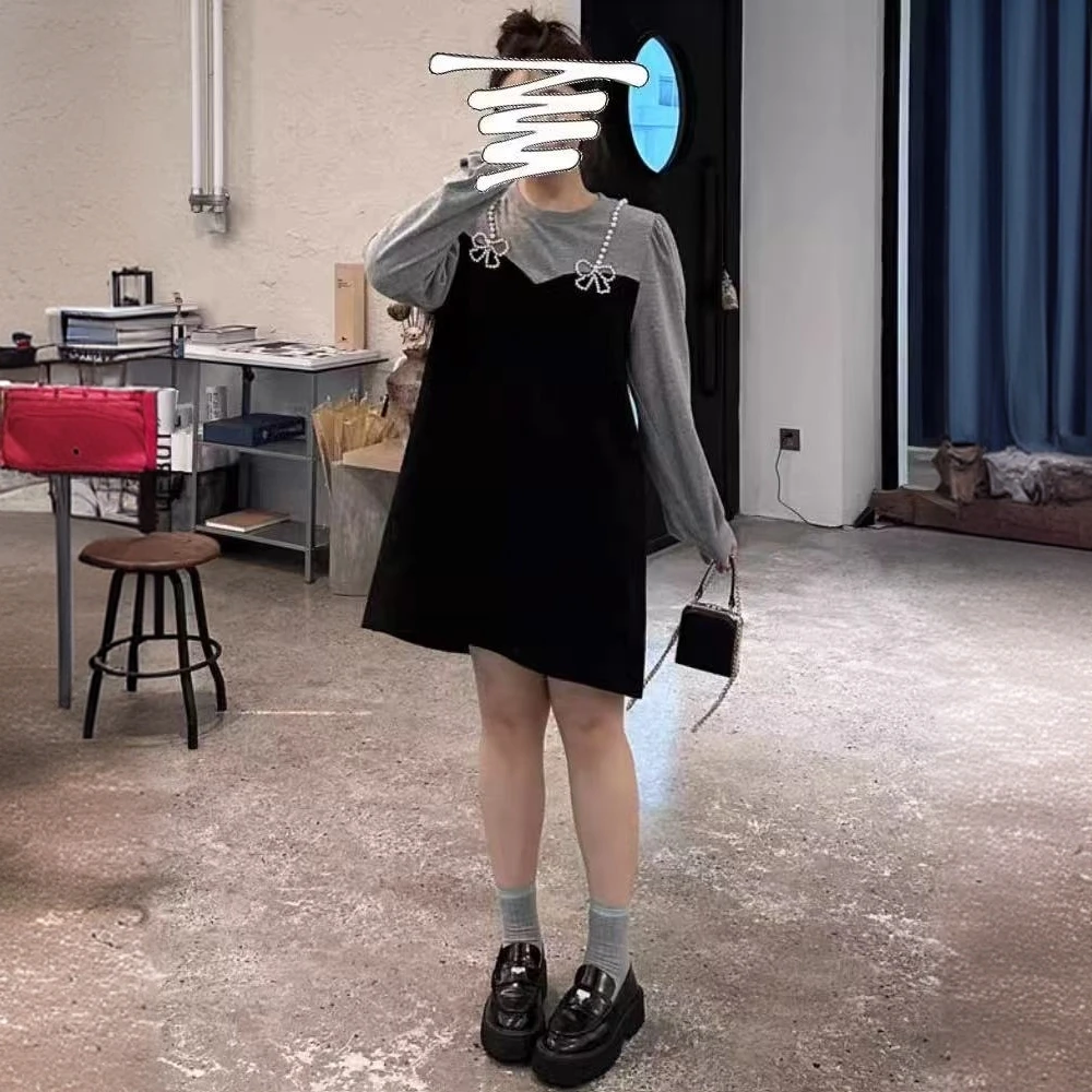 大码女装蝴蝶结显瘦裙子春季胖MM气质长袖法式大码连衣裙假两件