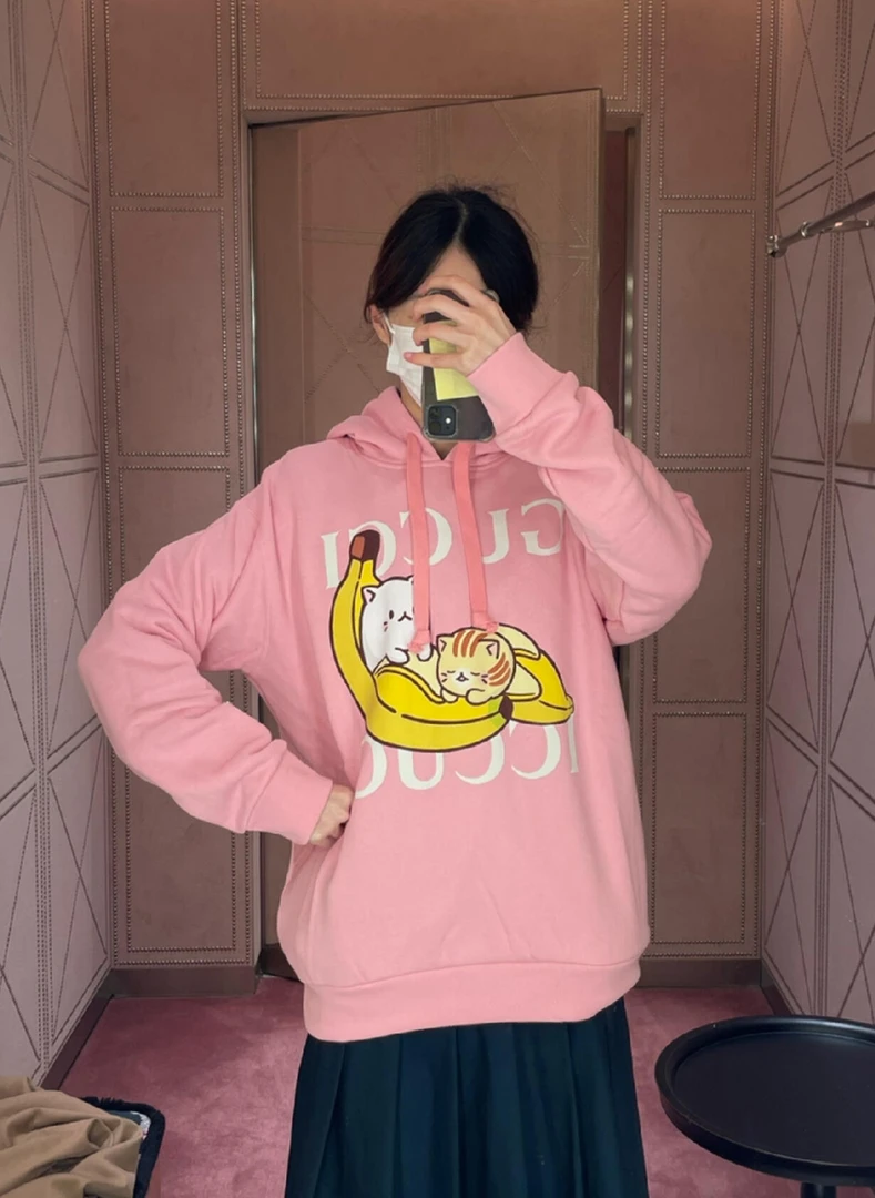 古驰/Gucci 香蕉猫咪粉色卫衣帽衫 95新 xxs码