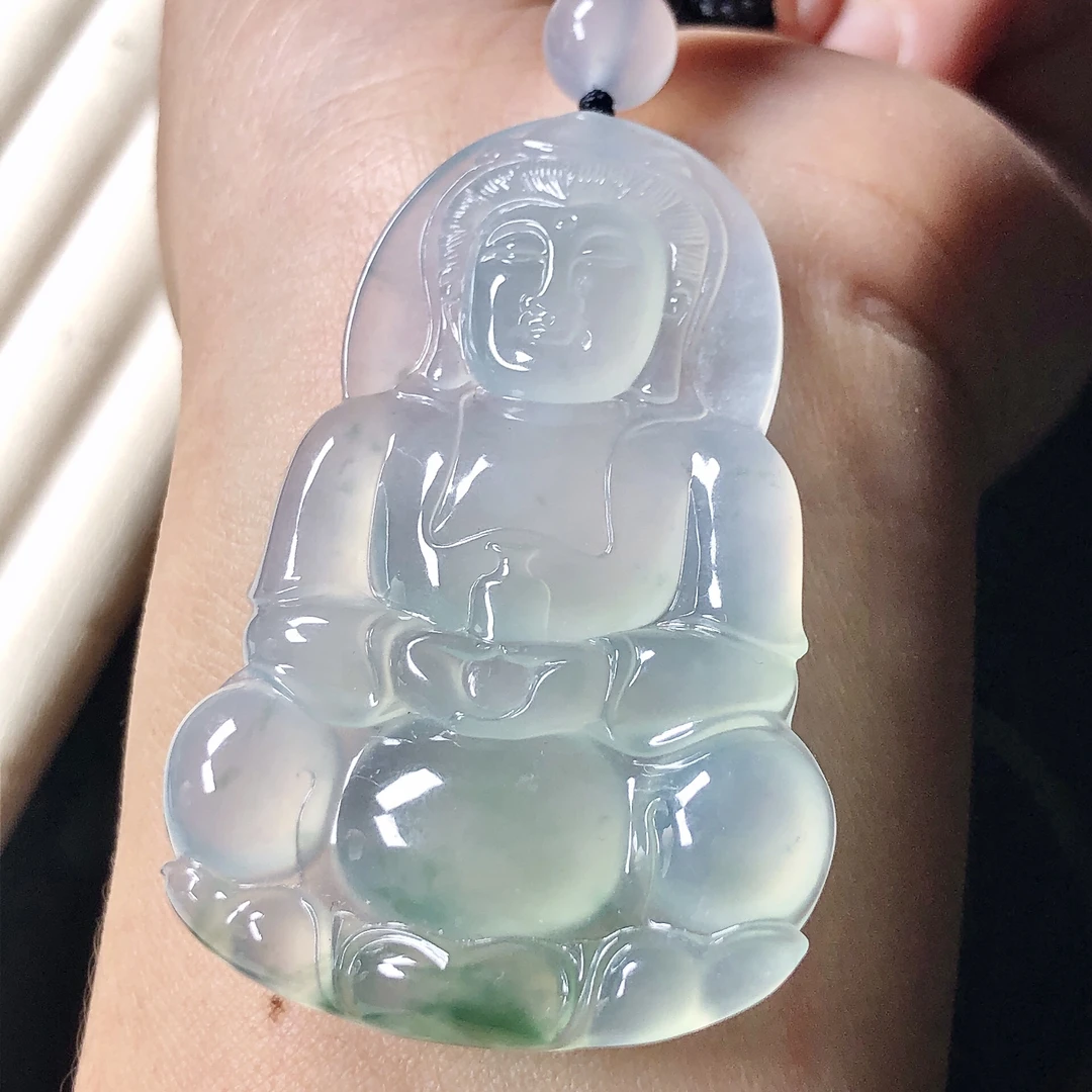 天然A货缅甸翡翠老坑冰种飘花正装观音挂件吊坠55.2/37/6