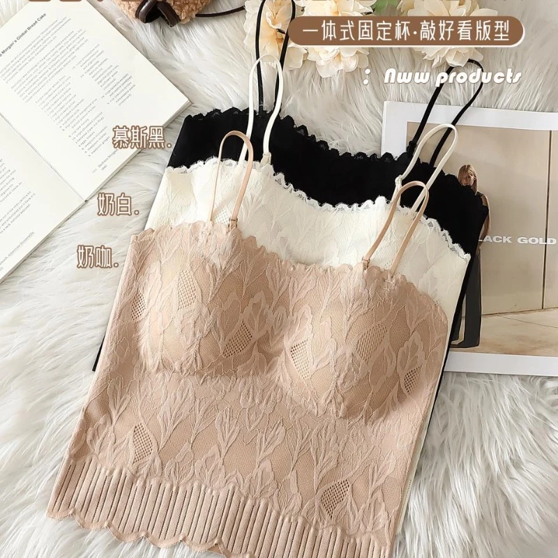 丽九天5870吊带女固定杯无痕美背一体背心短款打底夏季防走光蕾丝