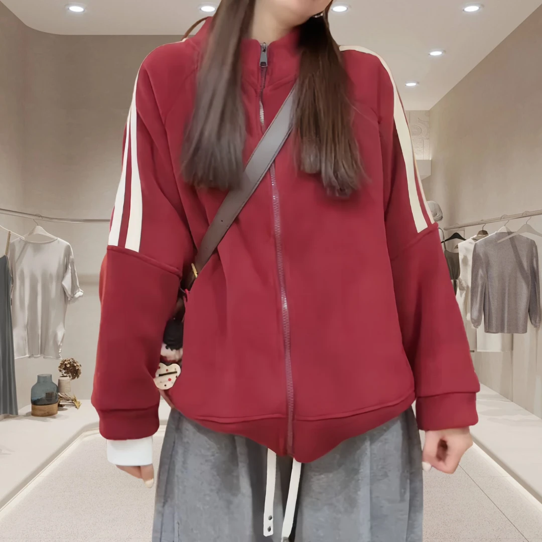 加厚立领拉链外套女2025秋冬新款双杠白条纹点缀休闲百搭长袖上衣