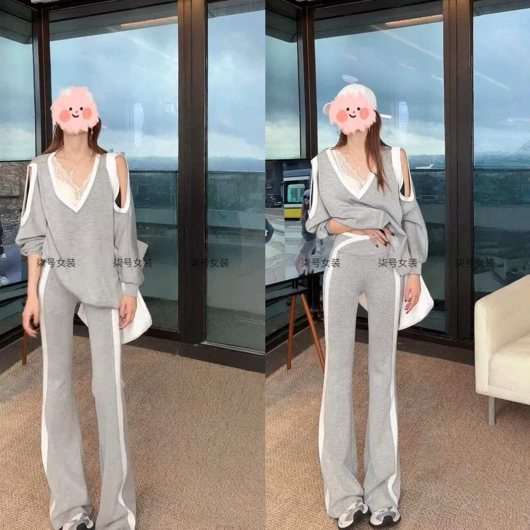 2025早秋时尚洋气撞色V领镂空露肩卫衣+高腰显瘦微喇叭长裤套装女