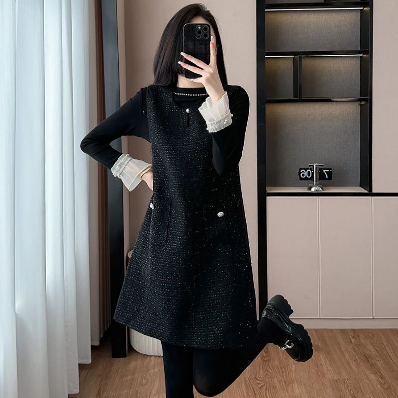 法式优雅气质小香风背心连衣裙套装女2025秋冬新款花边内搭两件套