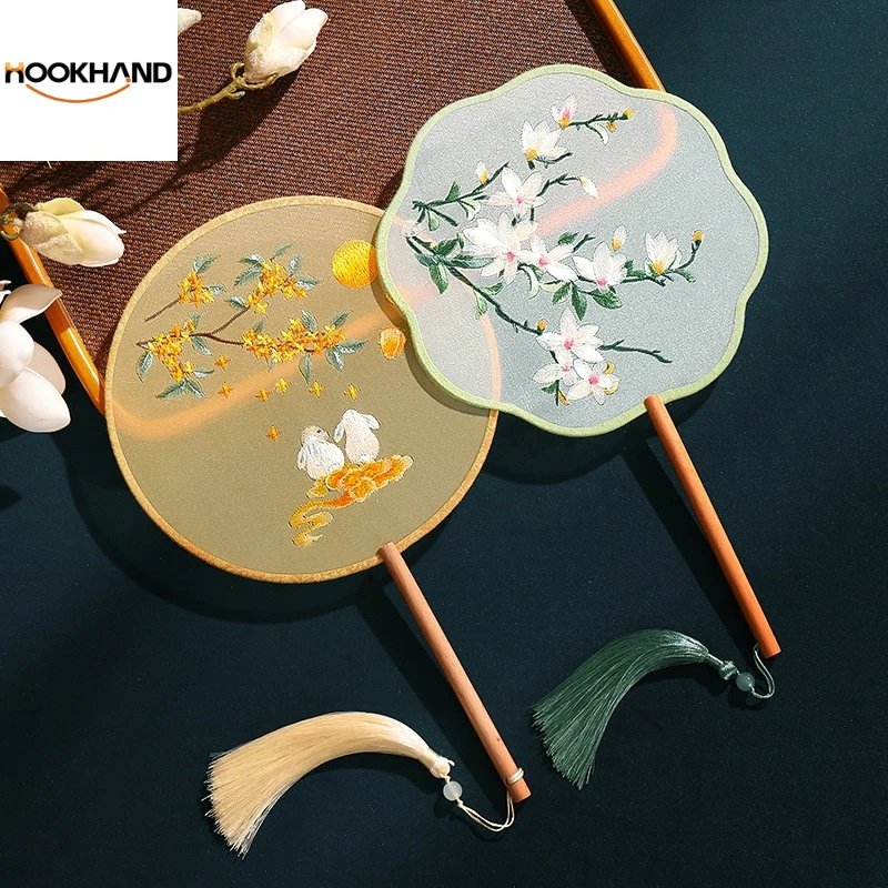 团扇夏天中国风古风刺绣长柄苏绣汉服旗袍儿童古装苏州舞蹈圆扇子