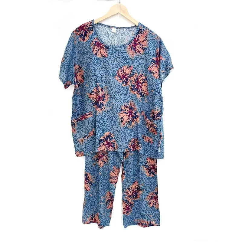 女士夏季冰凉棉绸套装短袖八分裤妈妈装8902