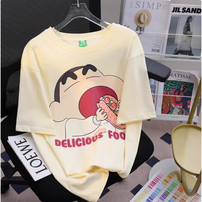 2025新款卡通蜡笔女士t恤印花学生韩版秋季圆领时尚中长款长袖