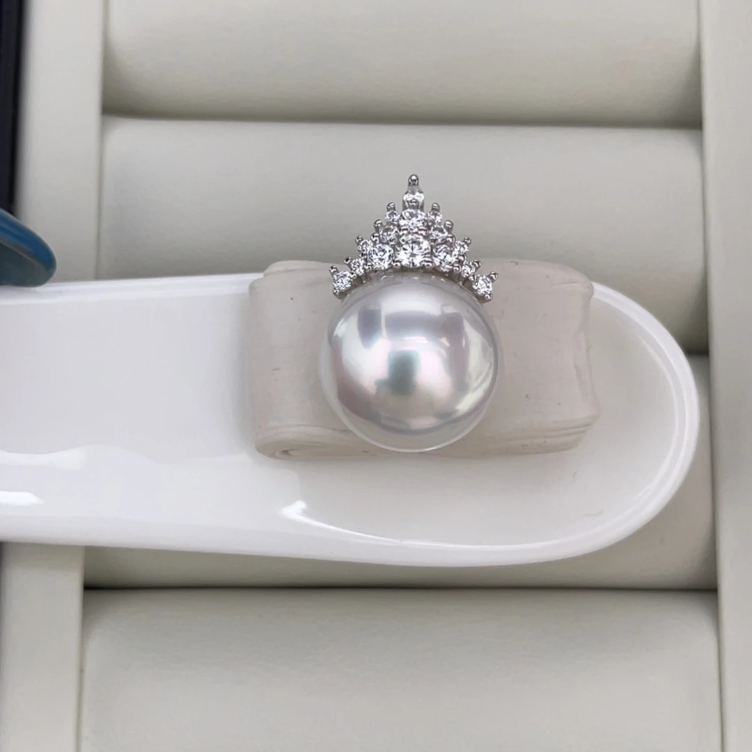 定制海水珍珠银S925镶嵌颈饰12.9银蓝光海水澳白珍珠吊坠美美