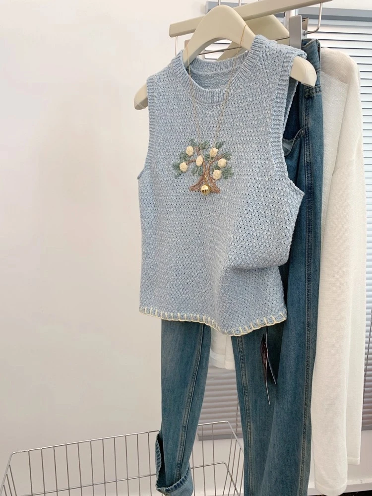 蓝色坎肩针织吊带工字背心女夏外穿宽肩带无袖上衣高级感2025新款