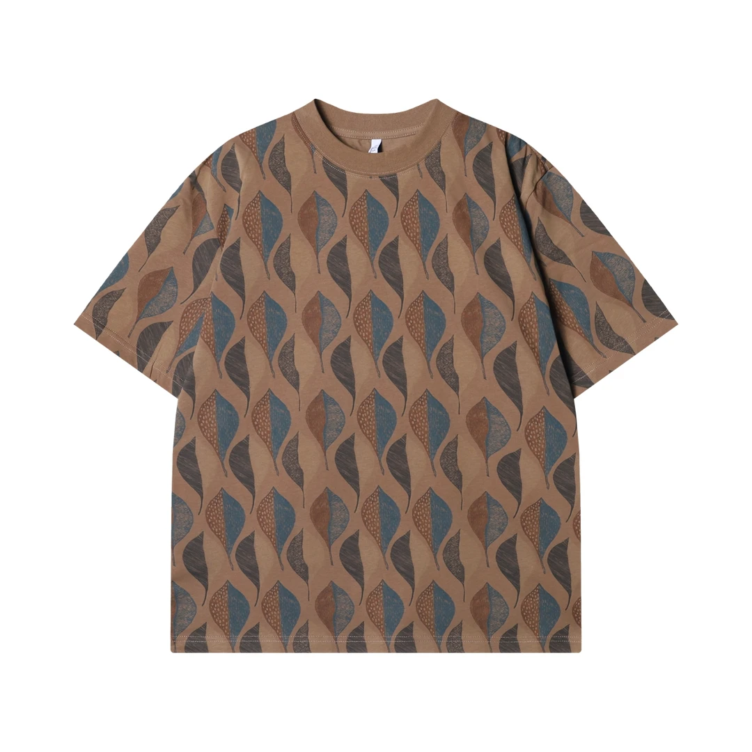 夏季高级感新款美式撞色满印树叶圆领短袖T恤百搭简约休闲上衣