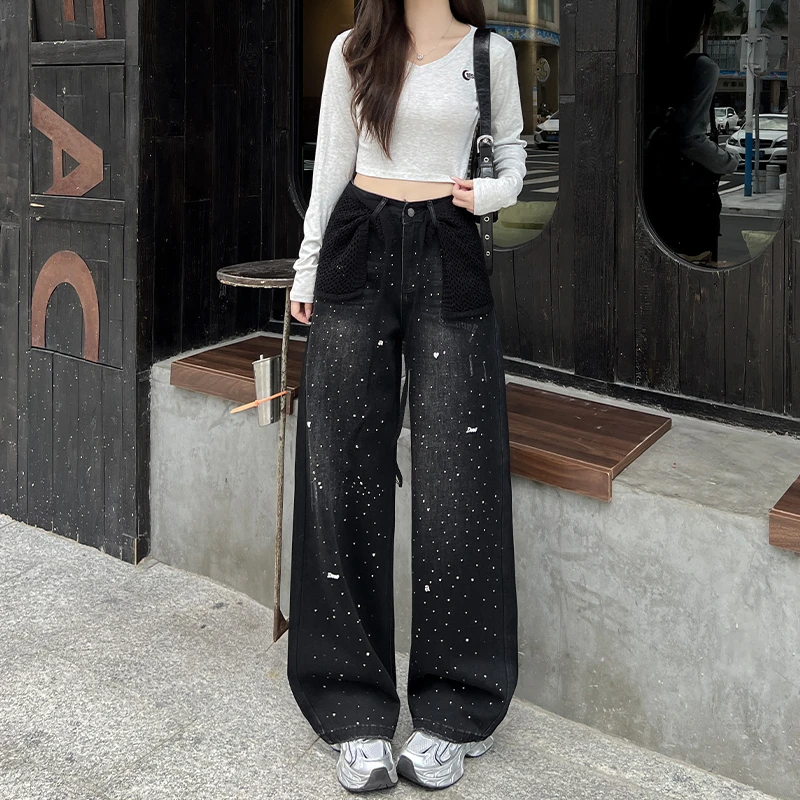 黑色满天星重工烫钻牛仔裤女2025新款秋季宽松小个子阔腿百搭阔腿