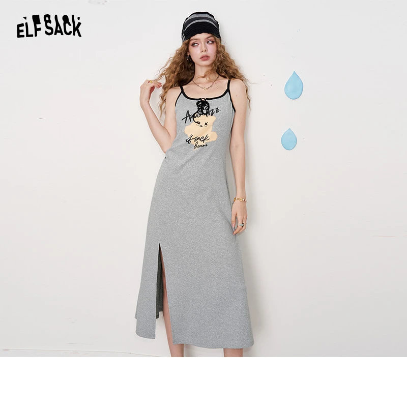 妖精的口袋印花休闲吊带裙t恤连衣裙夏侧开叉掐腰长裙25200330