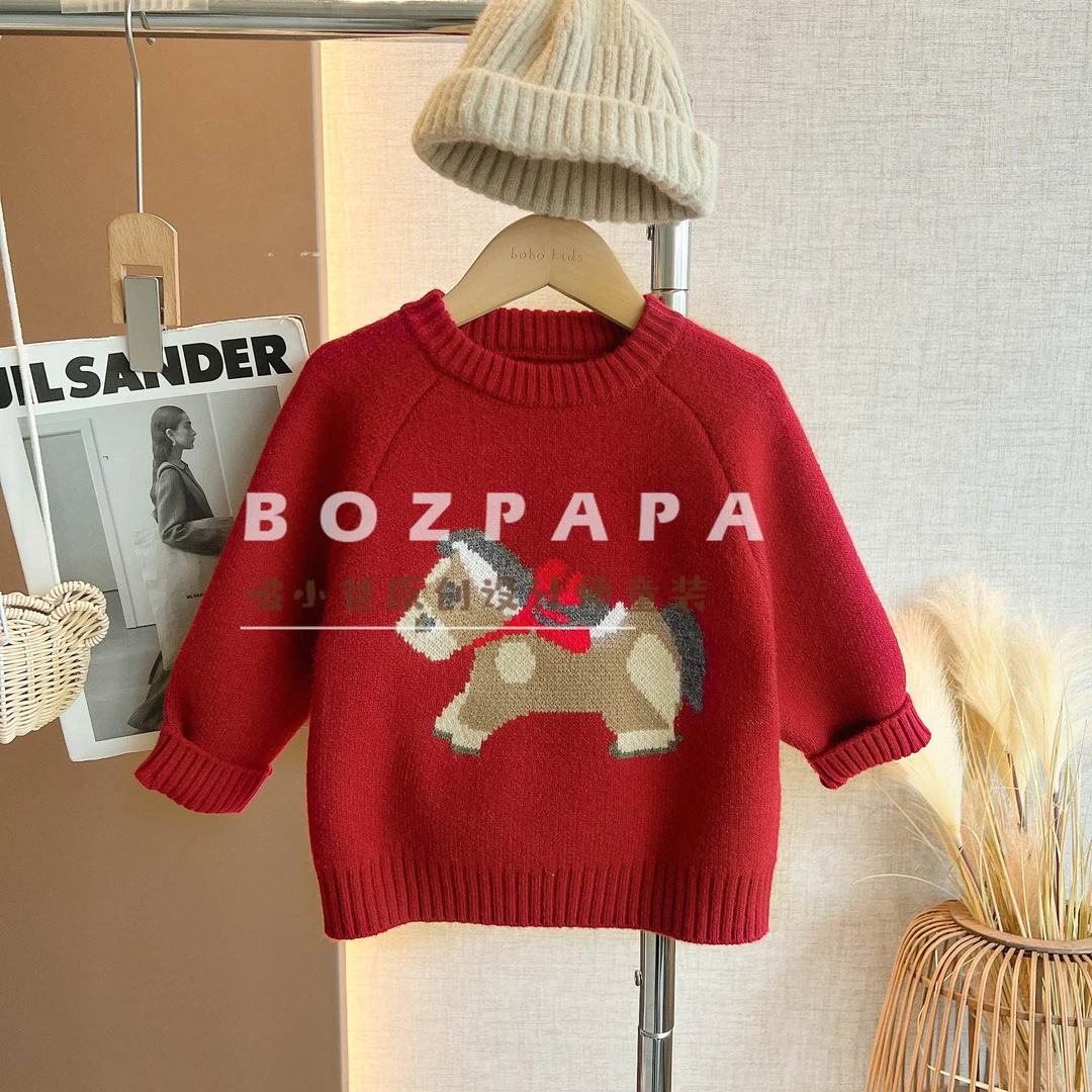 啵小爸【莓果优格】2025冬季新款男童休闲小马装饰双元宝针织毛衣