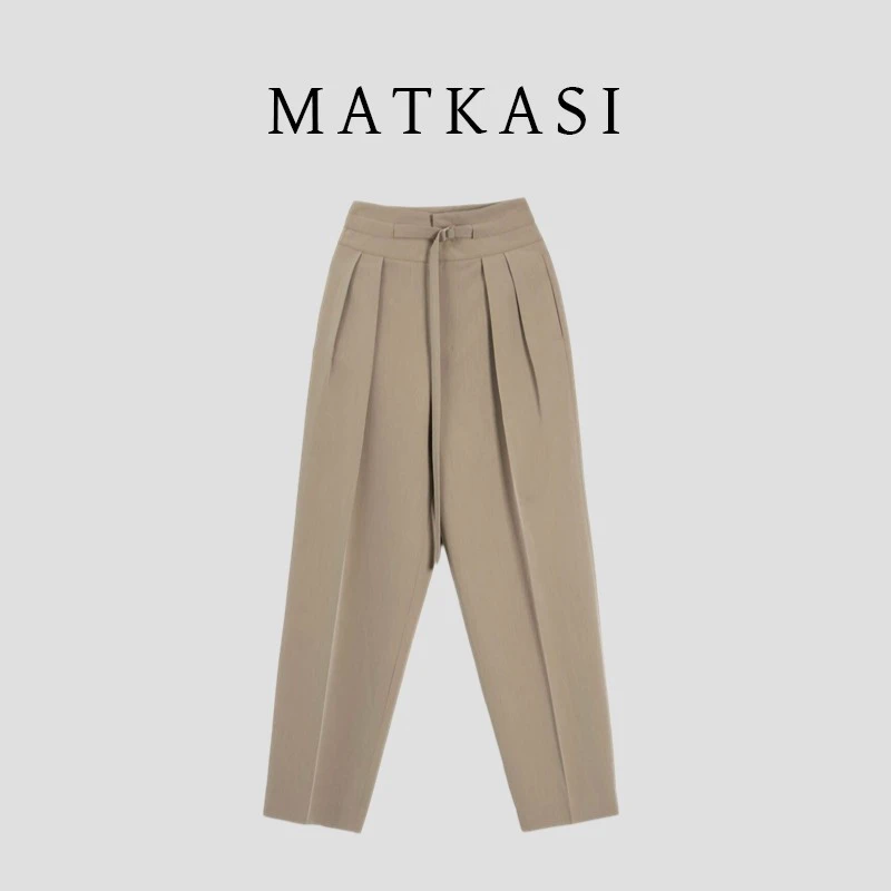 MATKASI 设计师款纯色压褶直筒洋气腰带西装裤