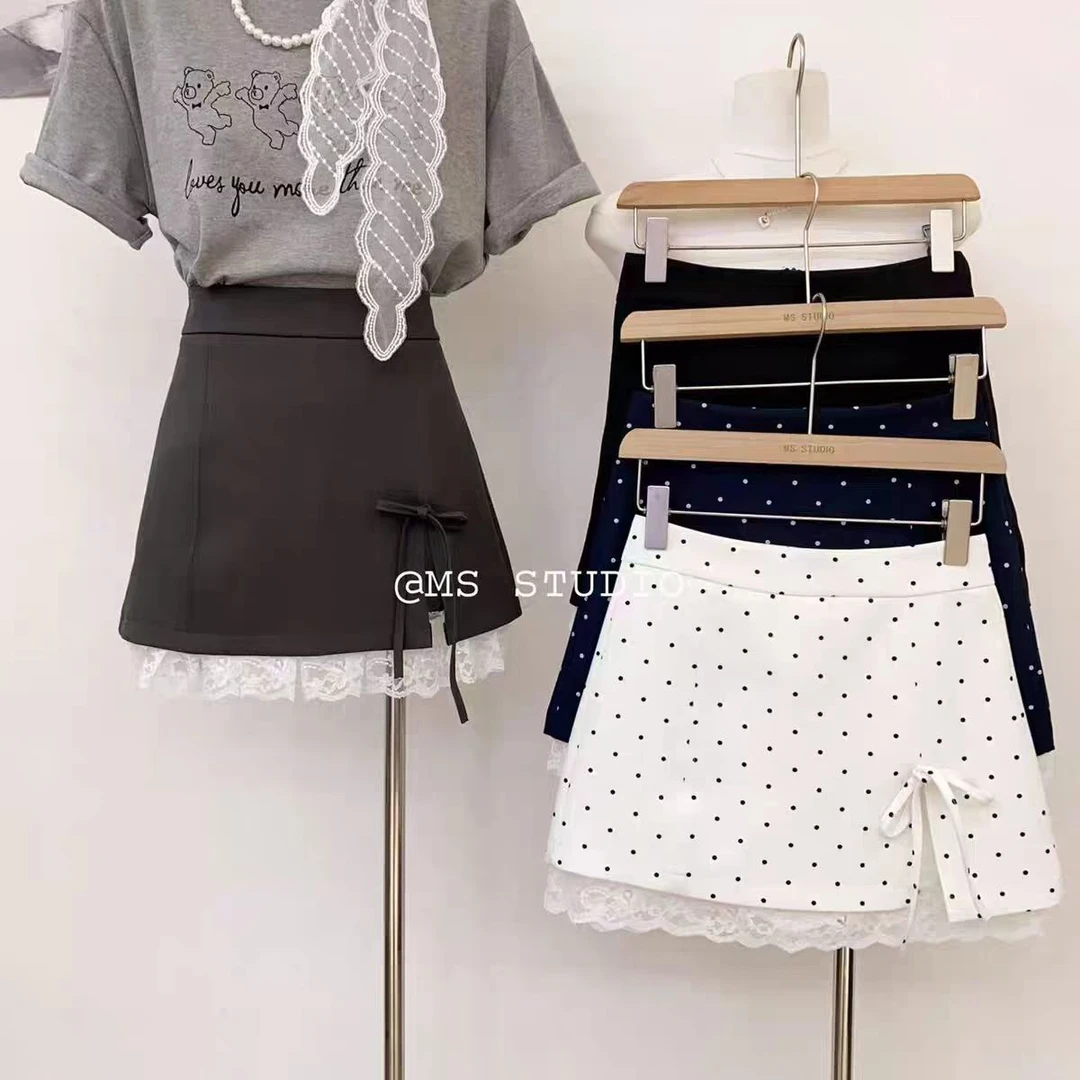 甜美开叉蝴蝶结拼接蕾丝短裙女春夏新款高腰波点A字裙