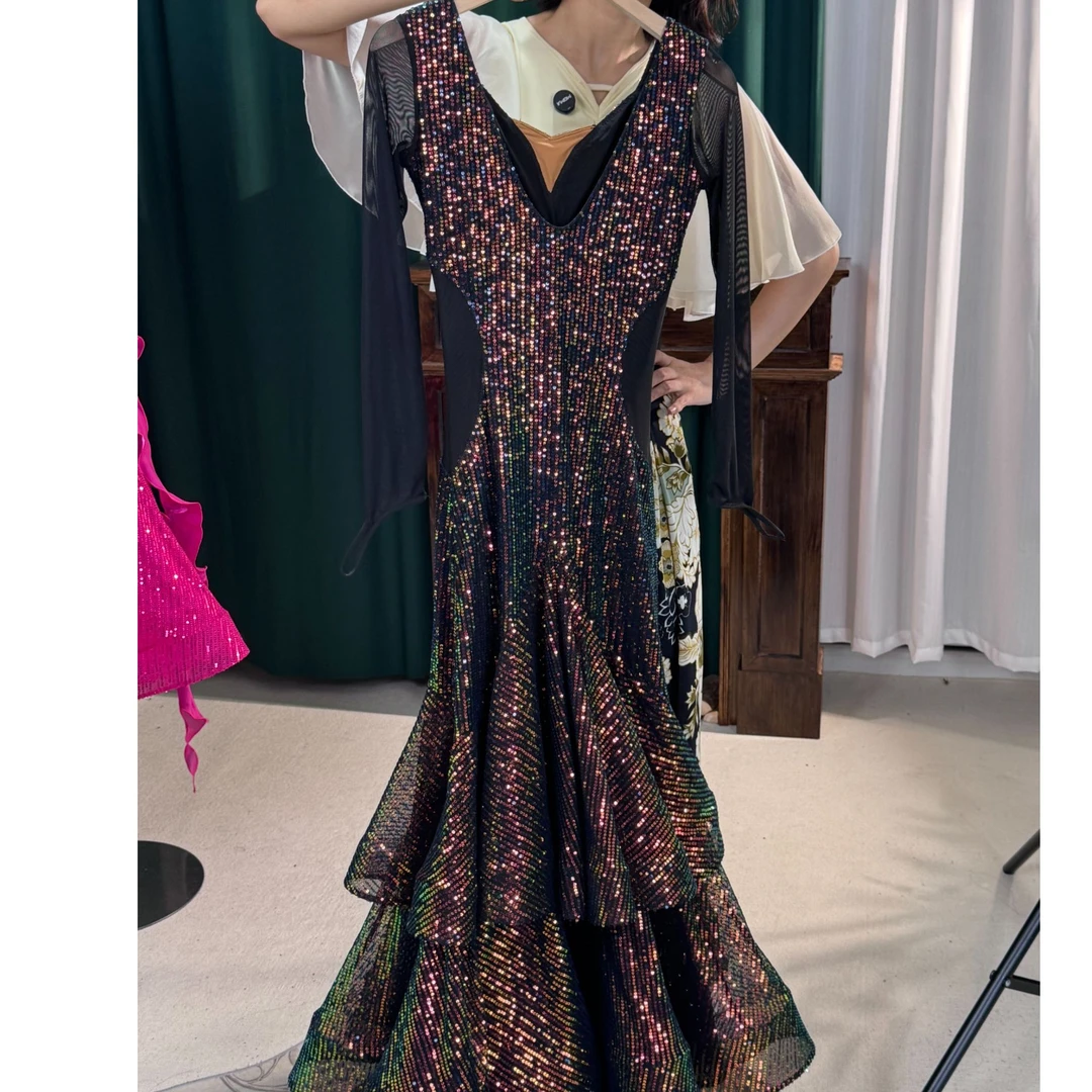 薇拉舞服新款国标舞黑金重工亮片表演服袖飘摩登服演出服